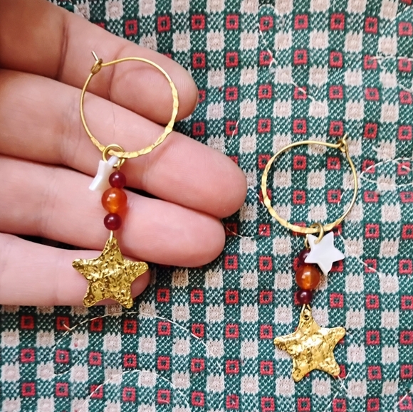 Hammered Brass Star Charm Hoop Earrings - Picture 3 of 3